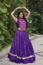 Roman Fabric Purple Lehenga Choli Set with Gota Patti Lace & Kutchi Gamthi Mirror Work (Full-Stitched, Sleeveless)