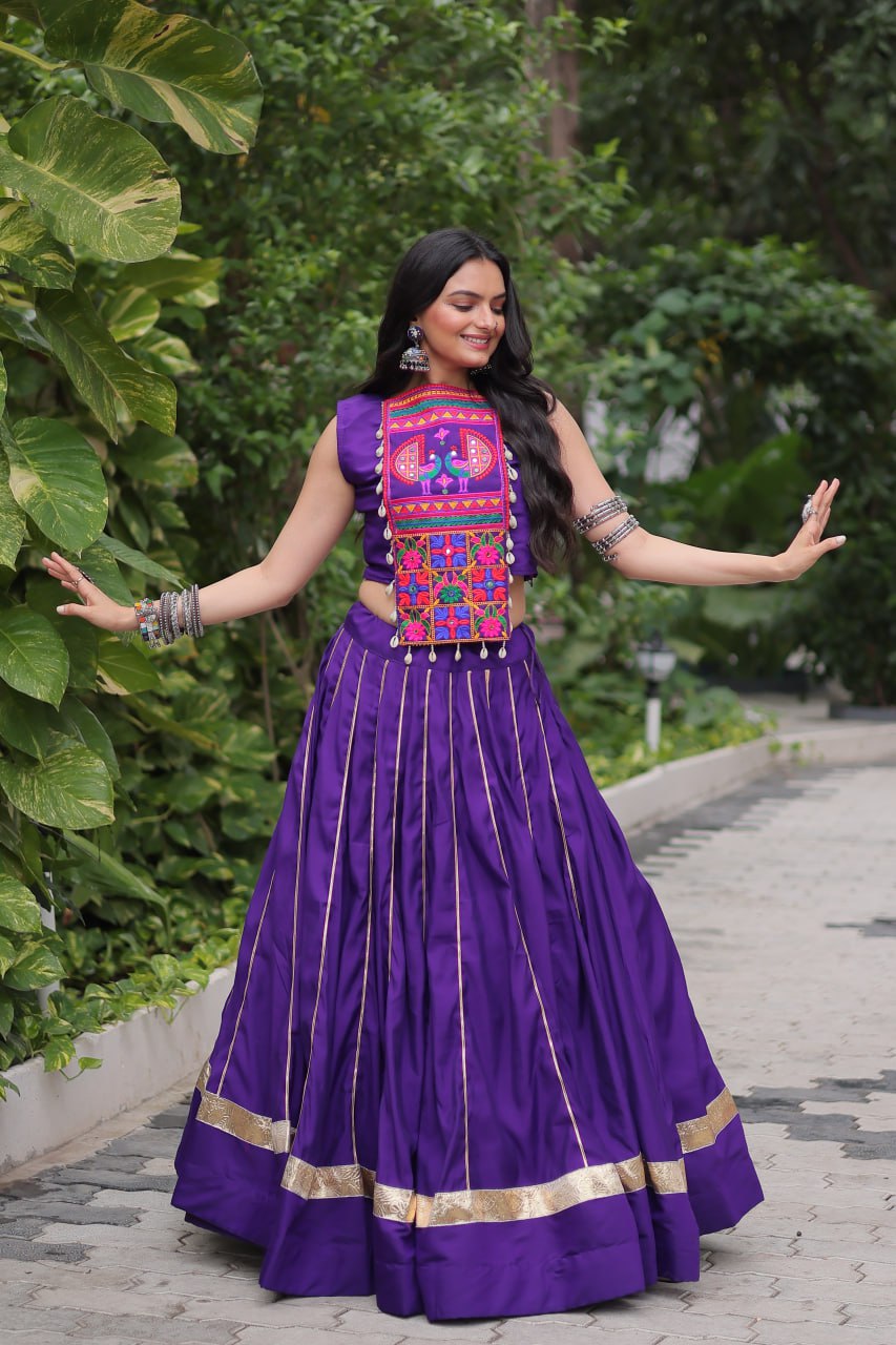 Roman Fabric Purple Lehenga Choli Set with Gota Patti Lace & Kutchi Gamthi Mirror Work (Full-Stitched, Sleeveless)
