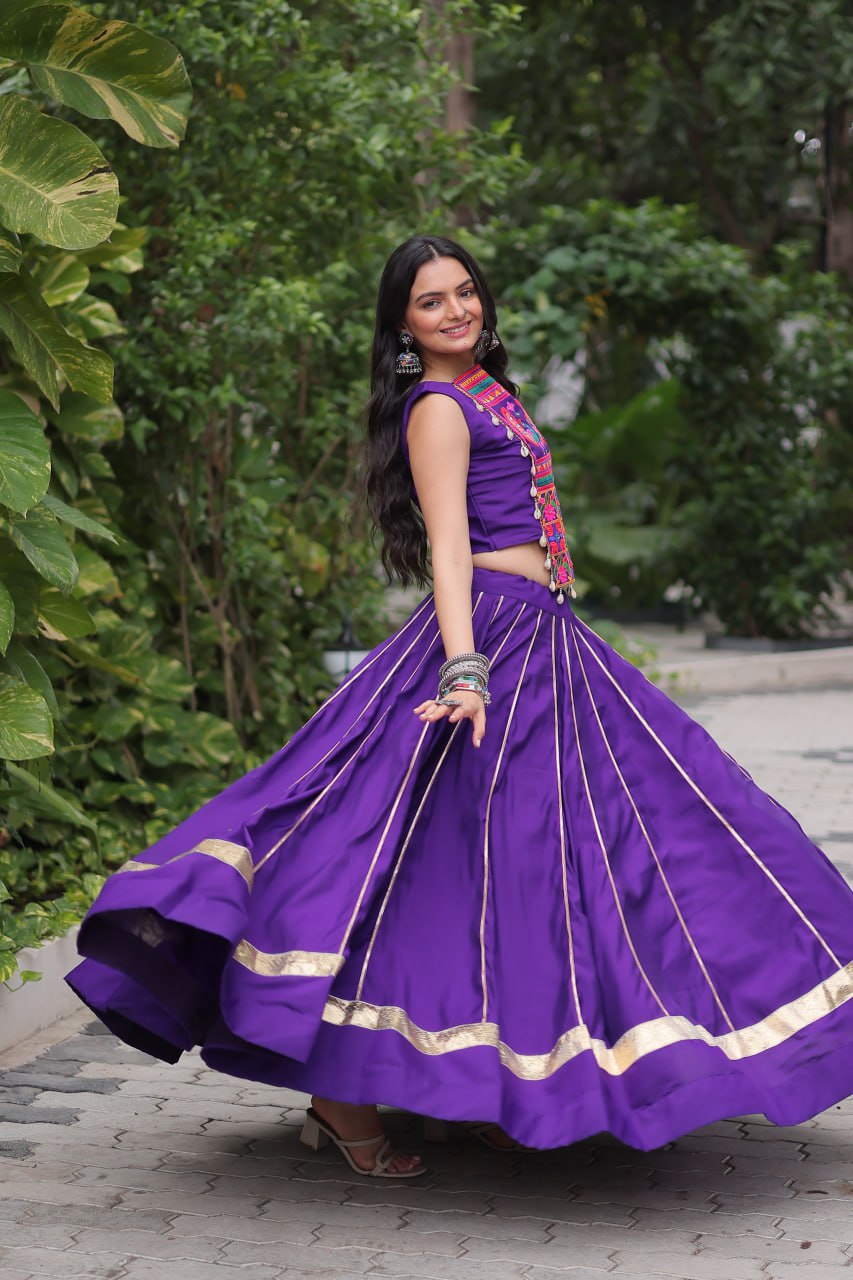 Roman Fabric Purple Lehenga Choli Set with Gota Patti Lace & Kutchi Gamthi Mirror Work (Full-Stitched, Sleeveless)