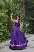 Roman Fabric Purple Lehenga Choli Set with Gota Patti Lace & Kutchi Gamthi Mirror Work (Full-Stitched, Sleeveless)