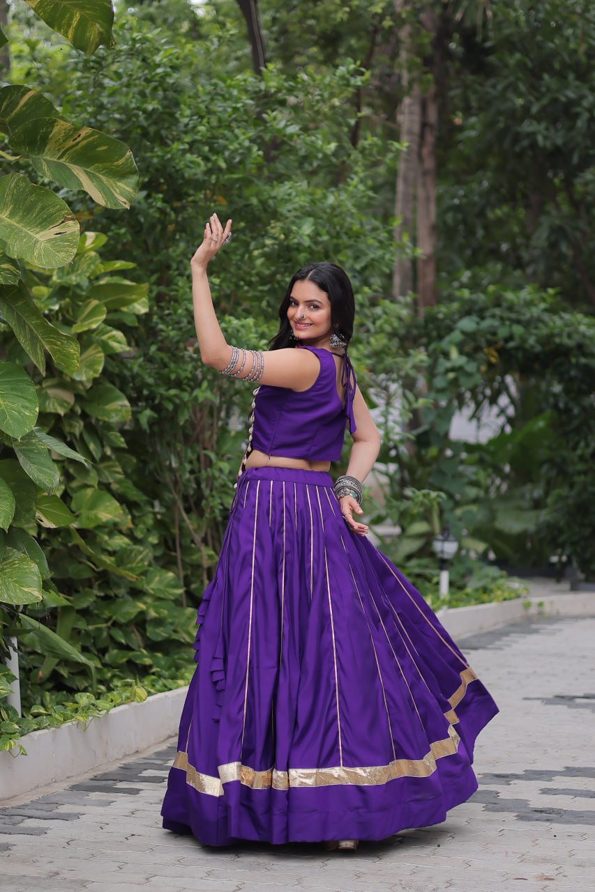 Roman Fabric Purple Lehenga Choli Set with Gota Patti Lace & Kutchi Gamthi Mirror Work (Full-Stitched, Sleeveless)