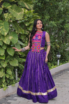 Roman Fabric Purple Lehenga Choli Set with Gota Patti Lace & Kutchi Gamthi Mirror Work (Full-Stitched, Sleeveless)