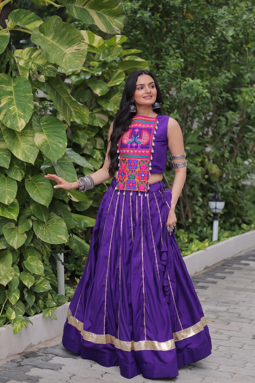 Roman Fabric Purple Lehenga Choli Set with Gota Patti Lace & Kutchi Gamthi Mirror Work (Full-Stitched, Sleeveless)