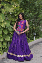 Roman Fabric Purple Lehenga Choli Set with Gota Patti Lace & Kutchi Gamthi Mirror Work (Full-Stitched, Sleeveless)