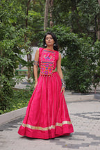 Roman Fabric Pink Lehenga Choli Set with Gota Patti Lace & Kutchi Gamthi Mirror Work (Full-Stitched, Sleeveless)
