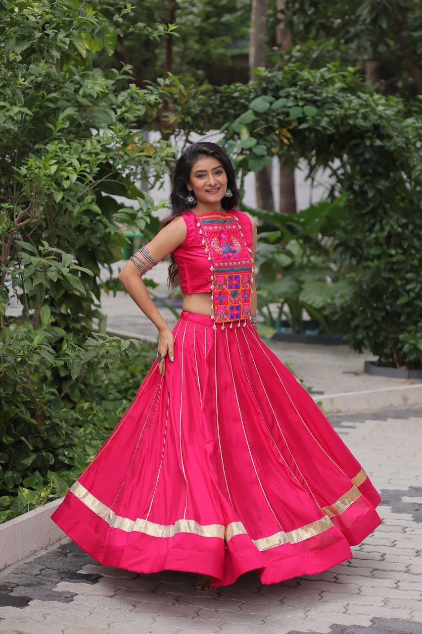 Roman Fabric Pink Lehenga Choli Set with Gota Patti Lace & Kutchi Gamthi Mirror Work (Full-Stitched, Sleeveless)