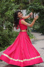 Roman Fabric Pink Lehenga Choli Set with Gota Patti Lace & Kutchi Gamthi Mirror Work (Full-Stitched, Sleeveless)