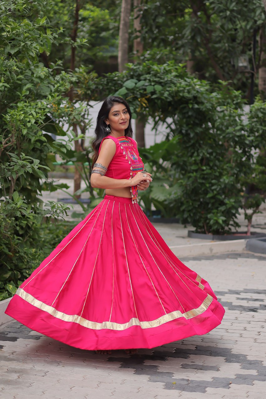 Roman Fabric Pink Lehenga Choli Set with Gota Patti Lace & Kutchi Gamthi Mirror Work (Full-Stitched, Sleeveless)