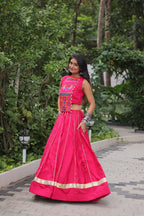 Roman Fabric Pink Lehenga Choli Set with Gota Patti Lace & Kutchi Gamthi Mirror Work (Full-Stitched, Sleeveless)