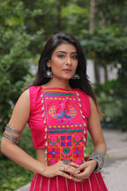 Roman Fabric Pink Lehenga Choli Set with Gota Patti Lace & Kutchi Gamthi Mirror Work (Full-Stitched, Sleeveless)