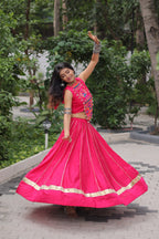 Roman Fabric Pink Lehenga Choli Set with Gota Patti Lace & Kutchi Gamthi Mirror Work (Full-Stitched, Sleeveless)