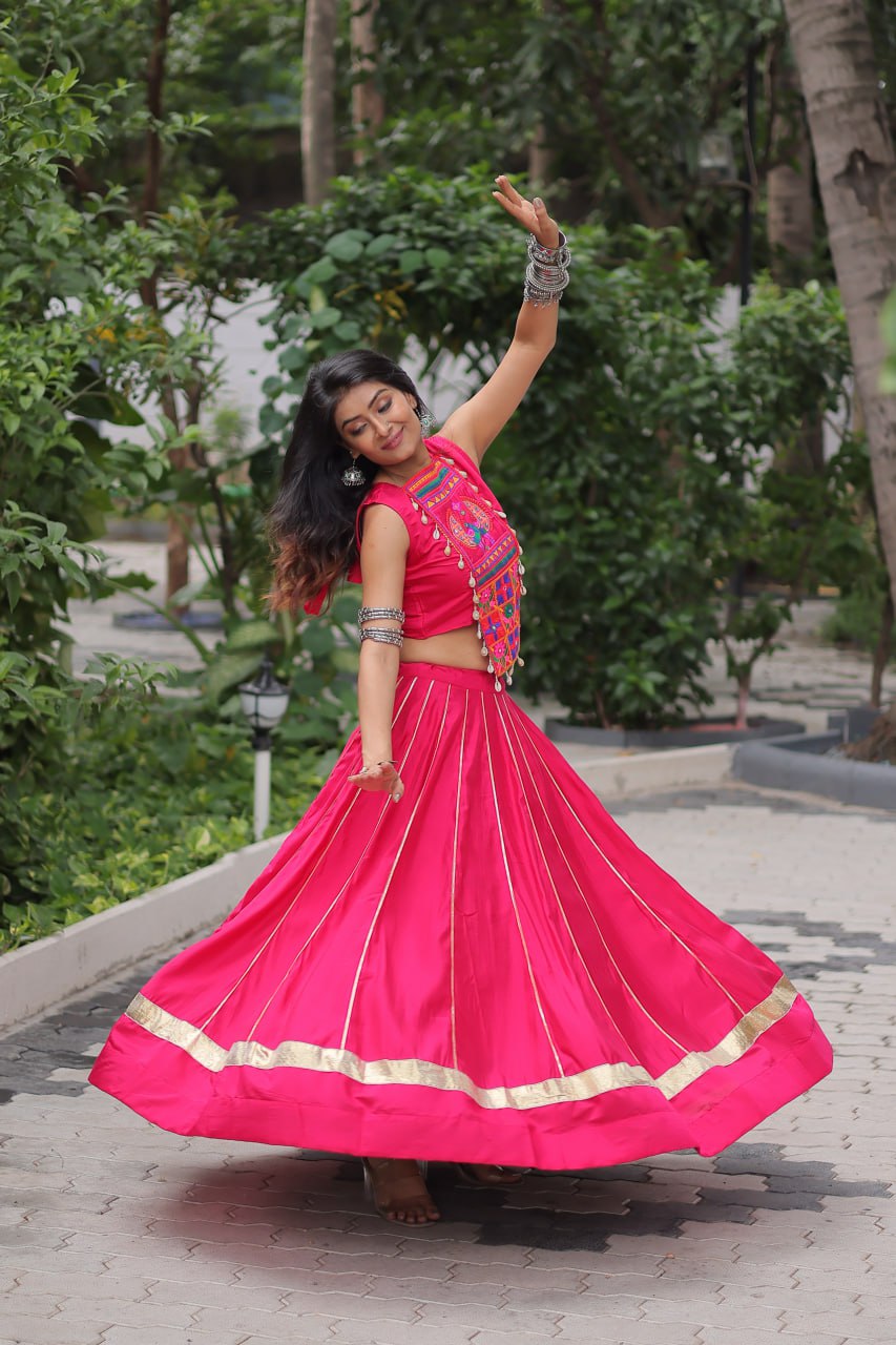 Roman Fabric Pink Lehenga Choli Set with Gota Patti Lace & Kutchi Gamthi Mirror Work (Full-Stitched, Sleeveless)