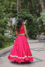 Roman Fabric Pink Lehenga Choli Set with Gota Patti Lace & Kutchi Gamthi Mirror Work (Full-Stitched, Sleeveless)