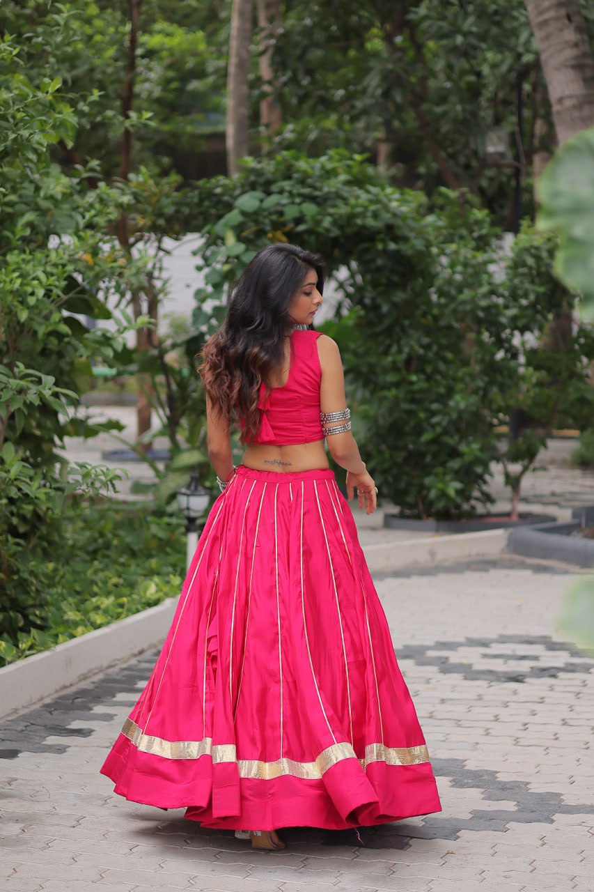 Roman Fabric Pink Lehenga Choli Set with Gota Patti Lace & Kutchi Gamthi Mirror Work (Full-Stitched, Sleeveless)