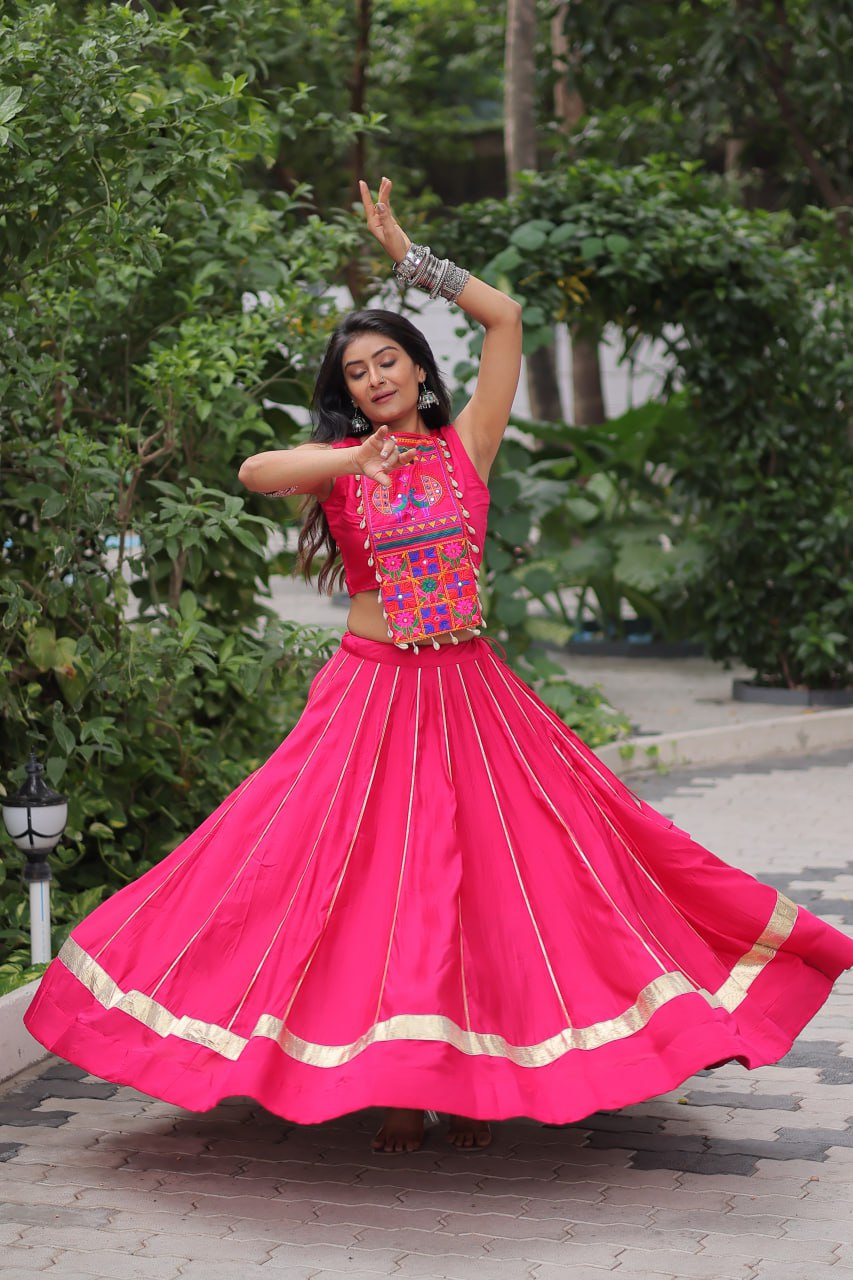 Roman Fabric Pink Lehenga Choli Set with Gota Patti Lace & Kutchi Gamthi Mirror Work (Full-Stitched, Sleeveless)