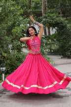 Roman Fabric Pink Lehenga Choli Set with Gota Patti Lace & Kutchi Gamthi Mirror Work (Full-Stitched, Sleeveless)