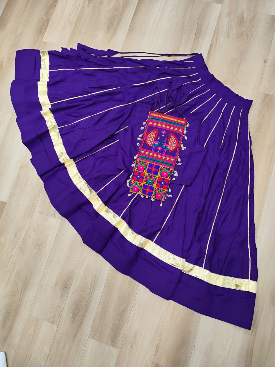 Roman Fabric Purple Lehenga Choli Set with Gota Patti Lace & Kutchi Gamthi Mirror Work (Full-Stitched, Sleeveless)