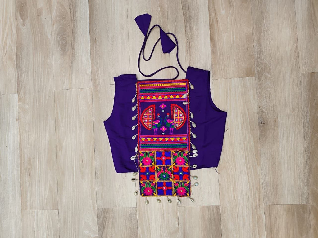 Roman Fabric Purple Lehenga Choli Set with Gota Patti Lace & Kutchi Gamthi Mirror Work (Full-Stitched, Sleeveless)