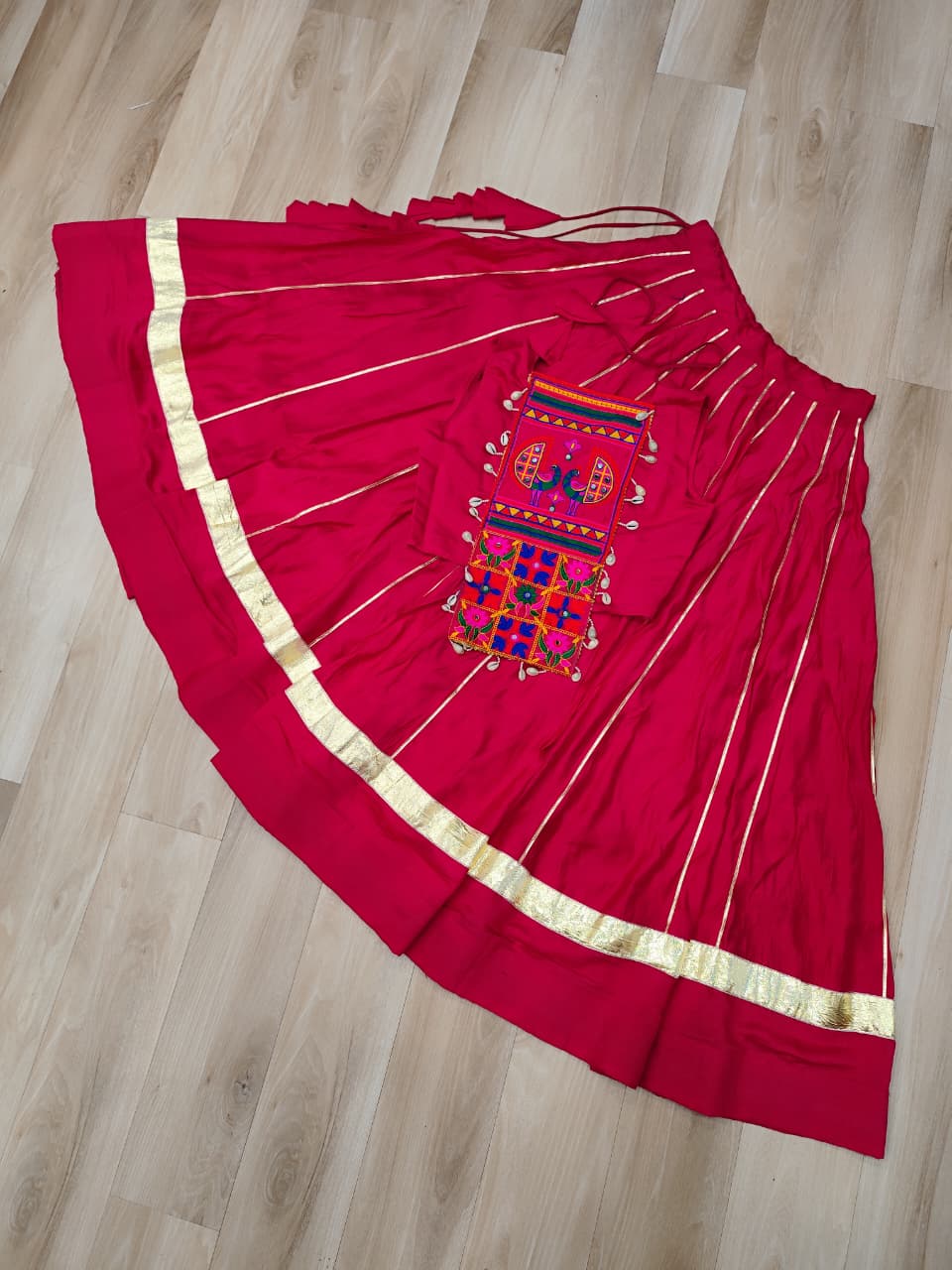 Roman Fabric Pink Lehenga Choli Set with Gota Patti Lace & Kutchi Gamthi Mirror Work (Full-Stitched, Sleeveless)