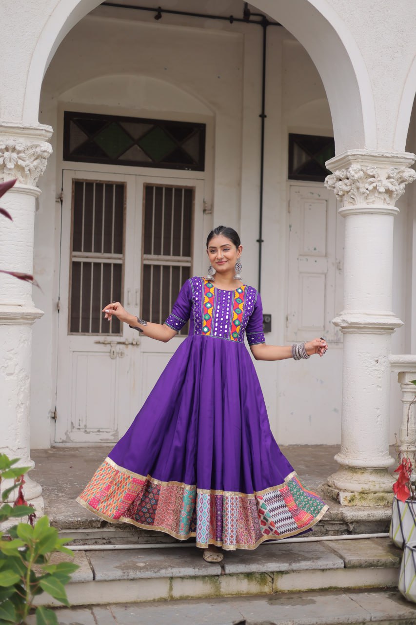 Purple Roman Gown for Women with Multicolor Thread, Mirror Work & Maslin Crochet Print – Elegant Ethnic Wear (User can adjust From 38" to 44" for your body comfort)