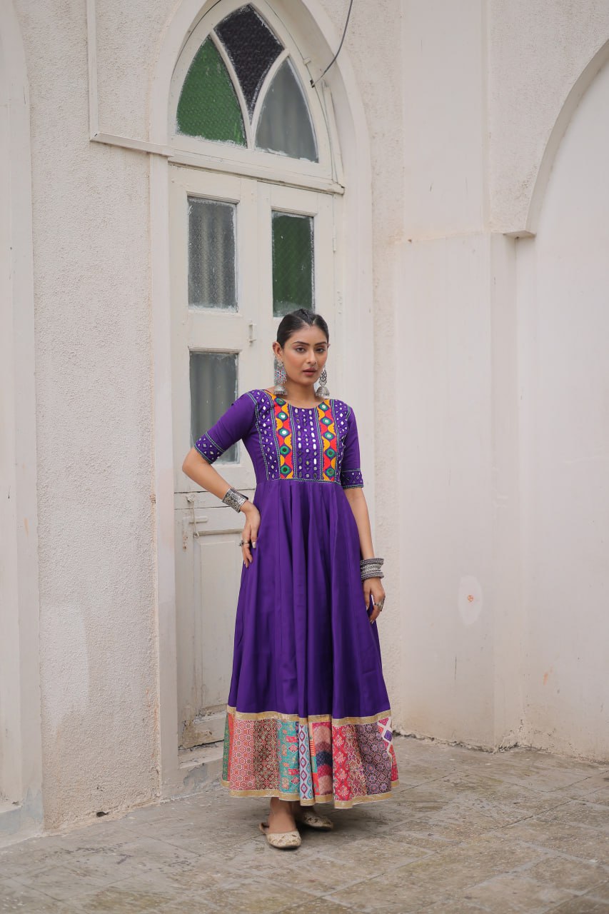 Purple Roman Gown for Women with Multicolor Thread, Mirror Work & Maslin Crochet Print – Elegant Ethnic Wear (User can adjust From 38" to 44" for your body comfort)