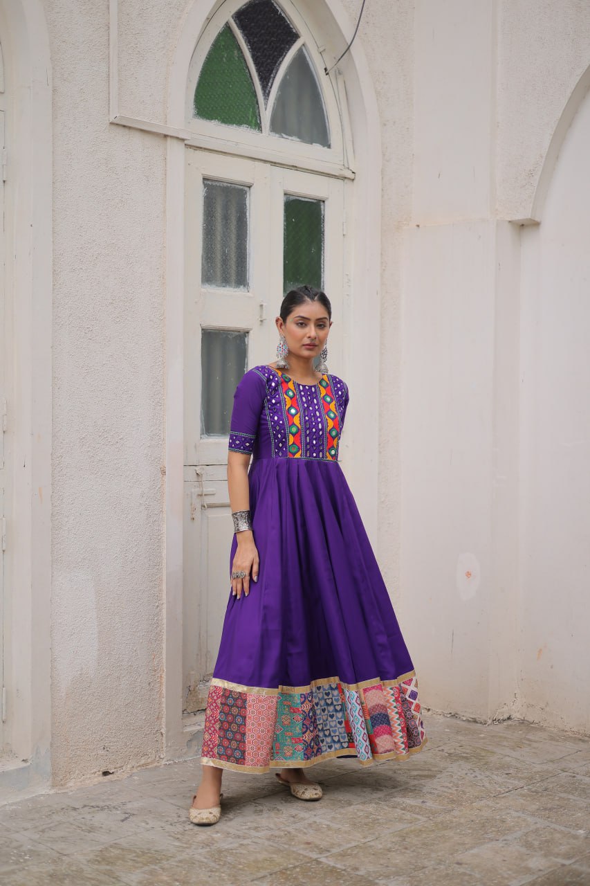 Purple Roman Gown for Women with Multicolor Thread, Mirror Work & Maslin Crochet Print – Elegant Ethnic Wear (User can adjust From 38" to 44" for your body comfort)