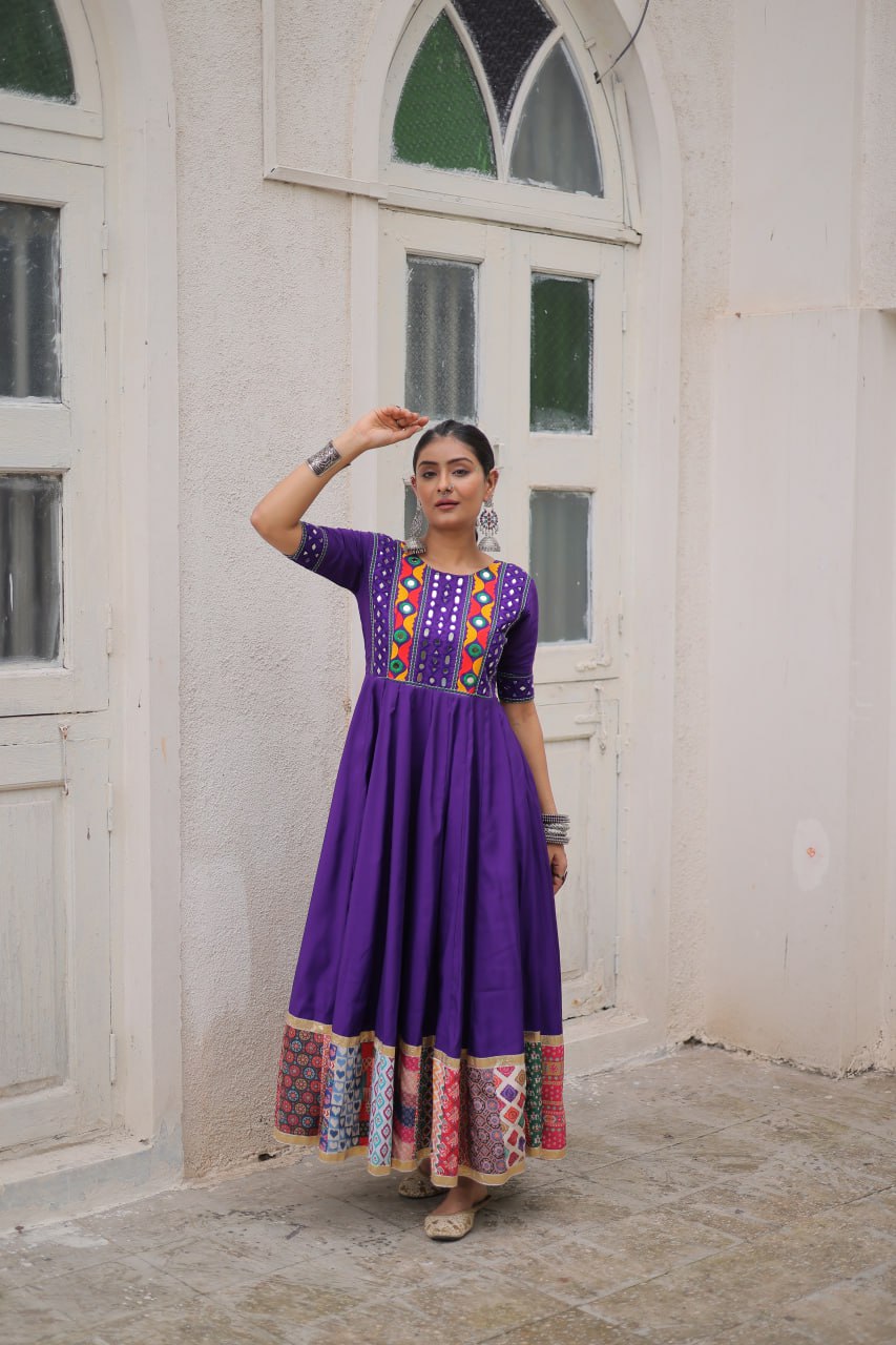 Purple Roman Gown for Women with Multicolor Thread, Mirror Work & Maslin Crochet Print – Elegant Ethnic Wear (User can adjust From 38" to 44" for your body comfort)