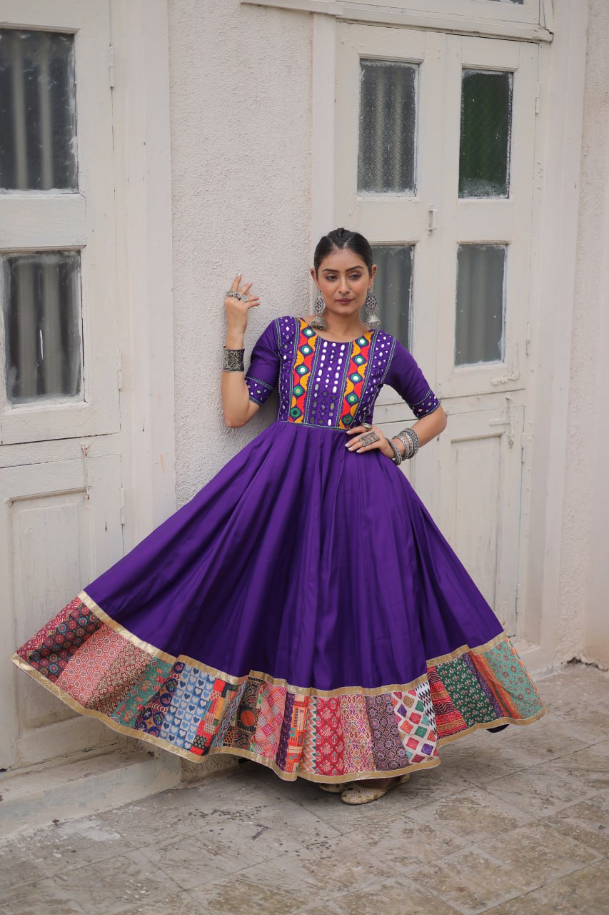Purple Roman Gown for Women with Multicolor Thread, Mirror Work & Maslin Crochet Print – Elegant Ethnic Wear (User can adjust From 38" to 44" for your body comfort)