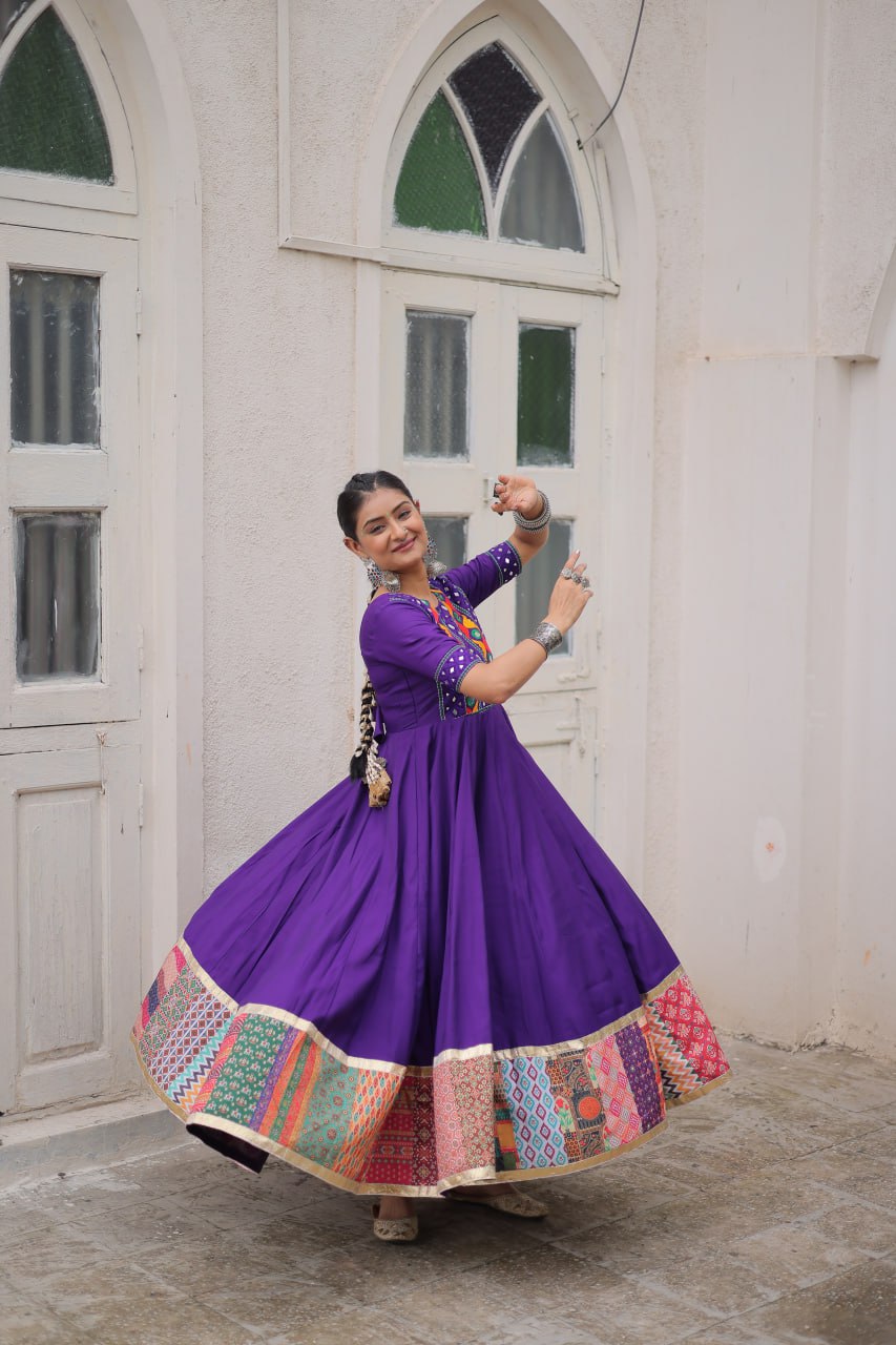 Purple Roman Gown for Women with Multicolor Thread, Mirror Work & Maslin Crochet Print – Elegant Ethnic Wear (User can adjust From 38" to 44" for your body comfort)