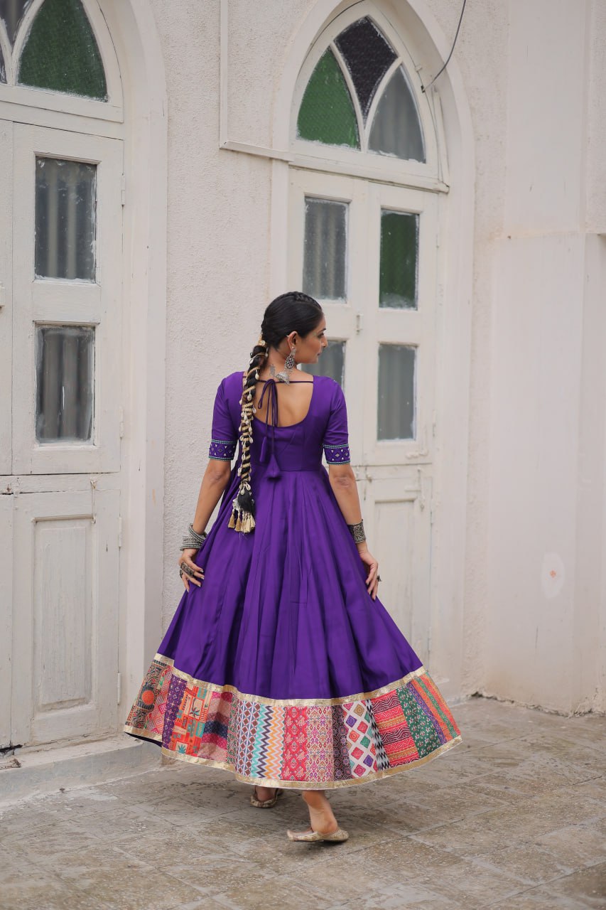 Purple Roman Gown for Women with Multicolor Thread, Mirror Work & Maslin Crochet Print – Elegant Ethnic Wear (User can adjust From 38" to 44" for your body comfort)