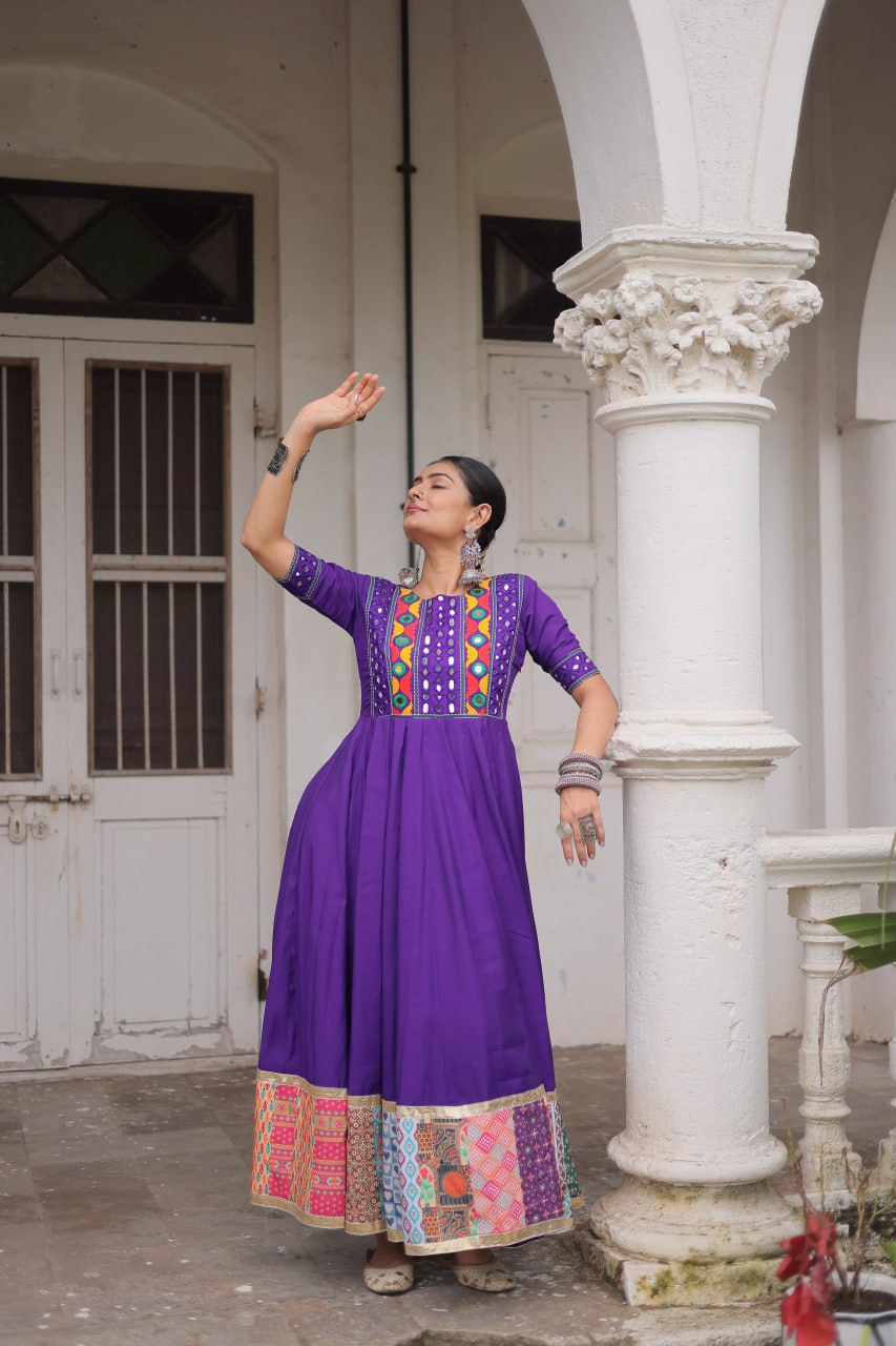 Purple Roman Gown for Women with Multicolor Thread, Mirror Work & Maslin Crochet Print – Elegant Ethnic Wear (User can adjust From 38" to 44" for your body comfort)