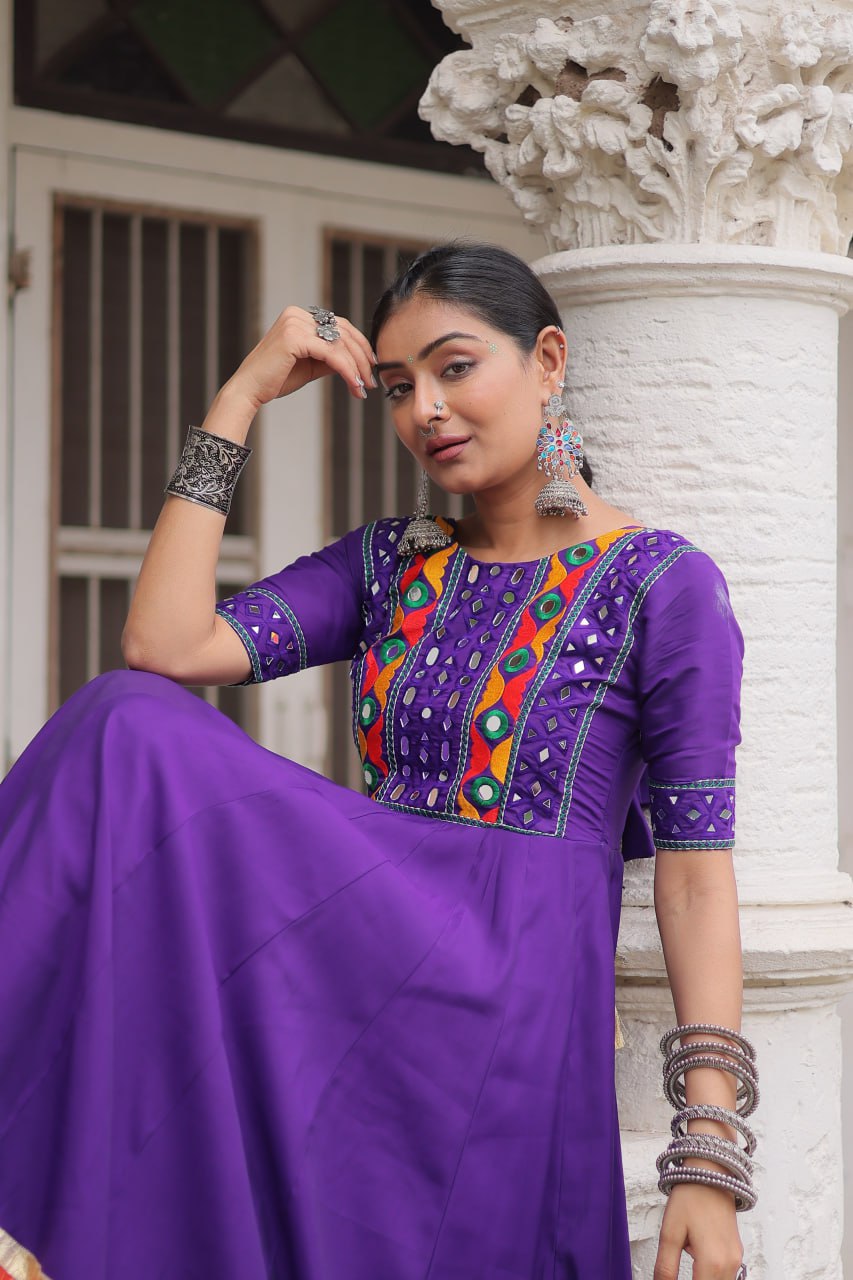 Purple Roman Gown for Women with Multicolor Thread, Mirror Work & Maslin Crochet Print – Elegant Ethnic Wear (User can adjust From 38" to 44" for your body comfort)