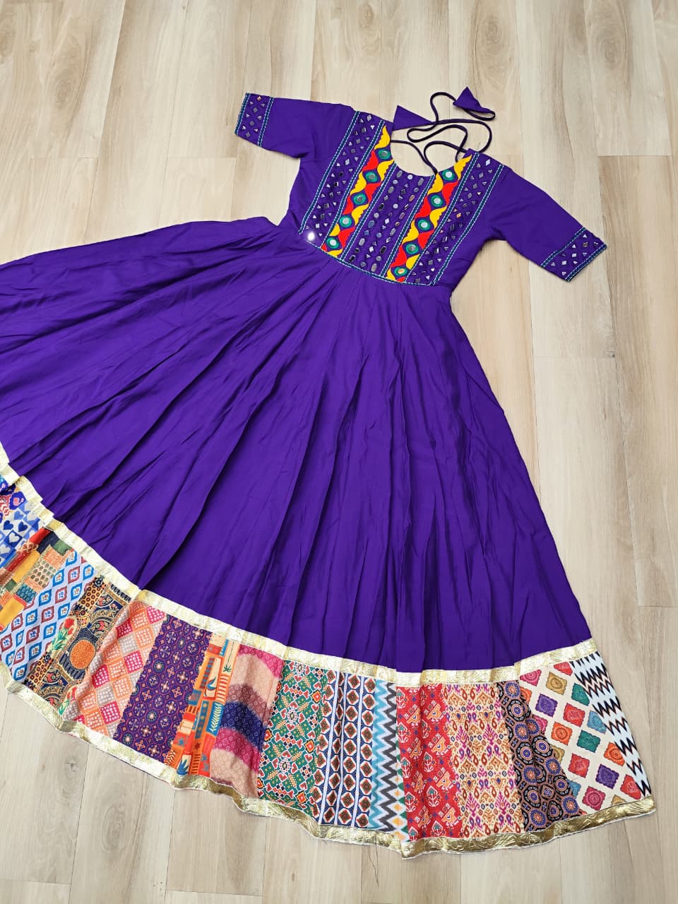 Purple Roman Gown for Women with Multicolor Thread, Mirror Work & Maslin Crochet Print – Elegant Ethnic Wear (User can adjust From 38" to 44" for your body comfort)