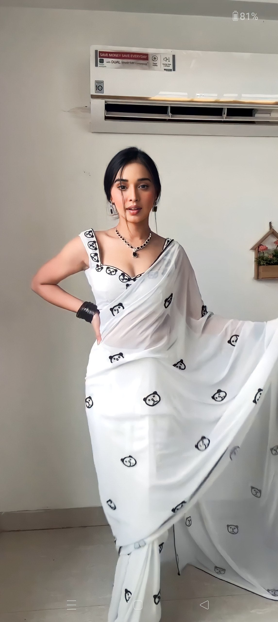 White Ready to Wear Embroidered Georgette Saree with White Unstitched Blouse