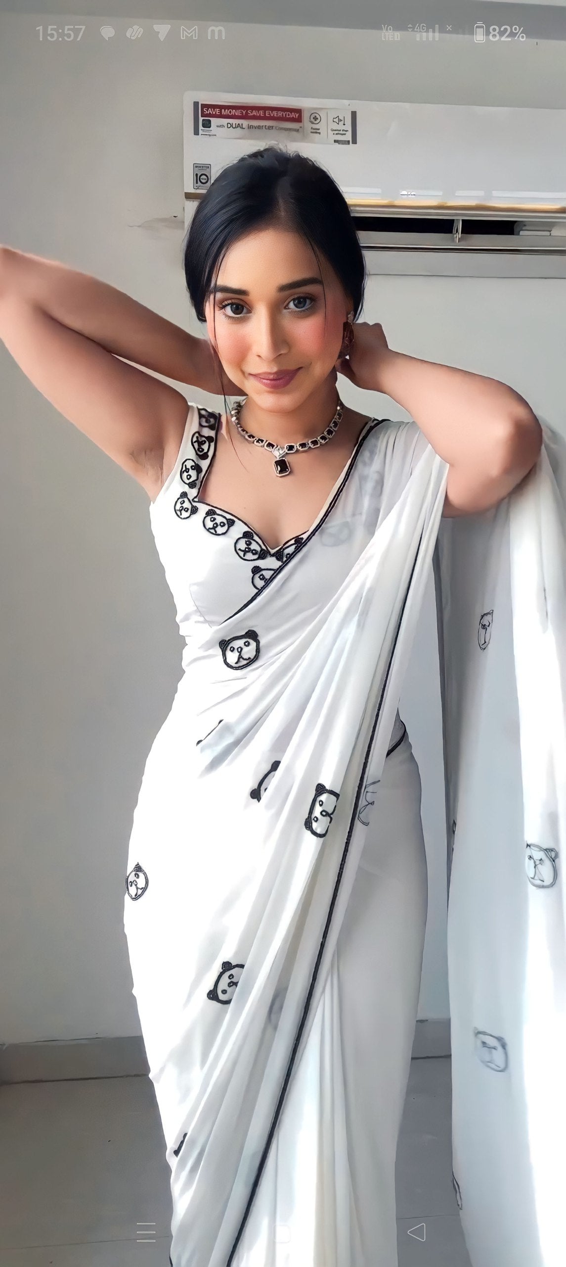 White Ready to Wear Embroidered Georgette Saree with White Unstitched Blouse