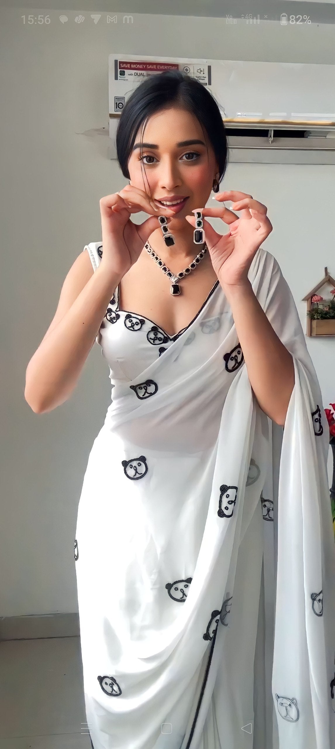 White Ready to Wear Embroidered Georgette Saree with White Unstitched Blouse