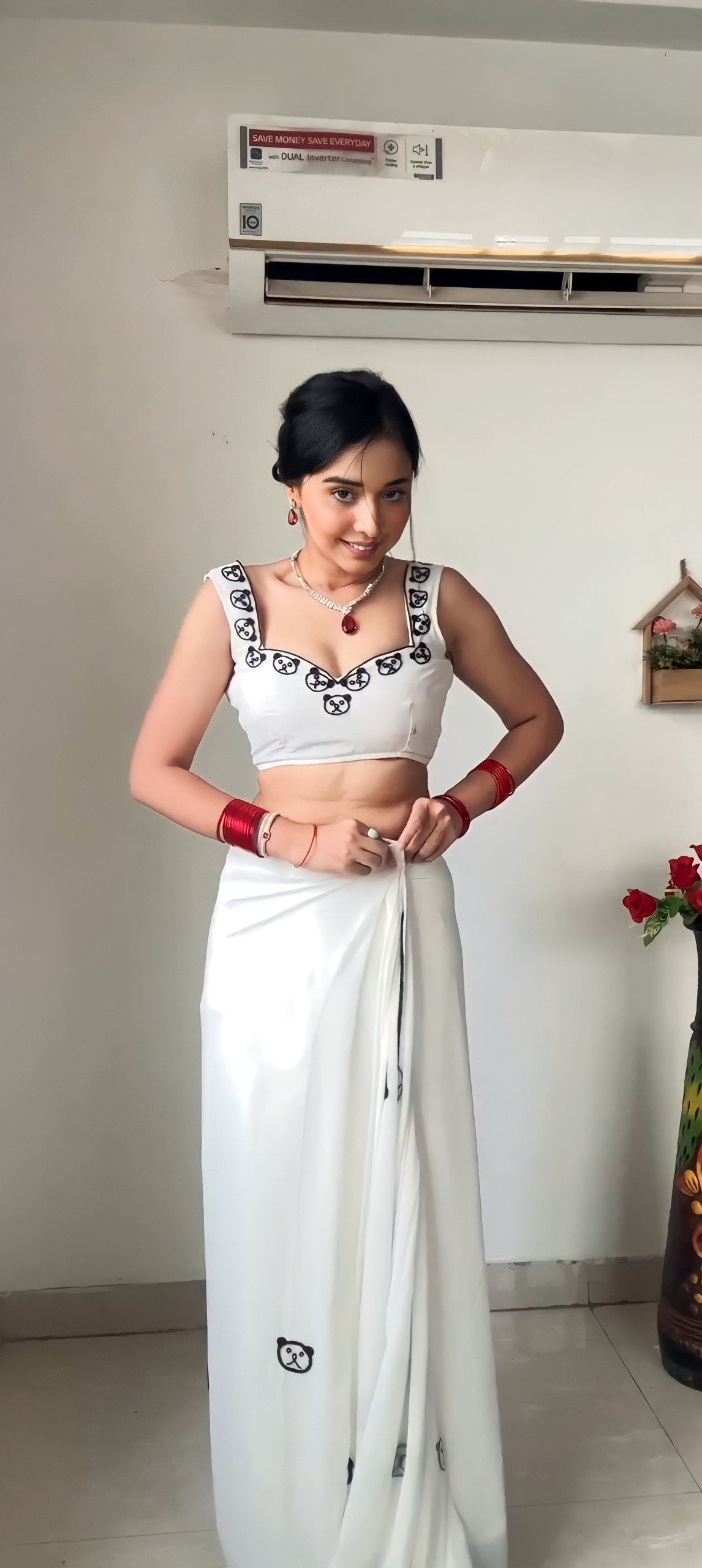White Ready to Wear Embroidered Georgette Saree with White Unstitched Blouse