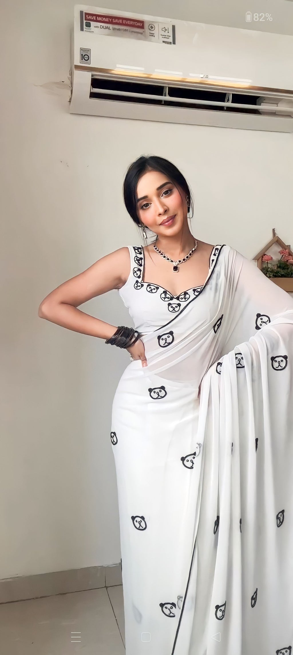 White Ready to Wear Embroidered Georgette Saree with White Unstitched Blouse