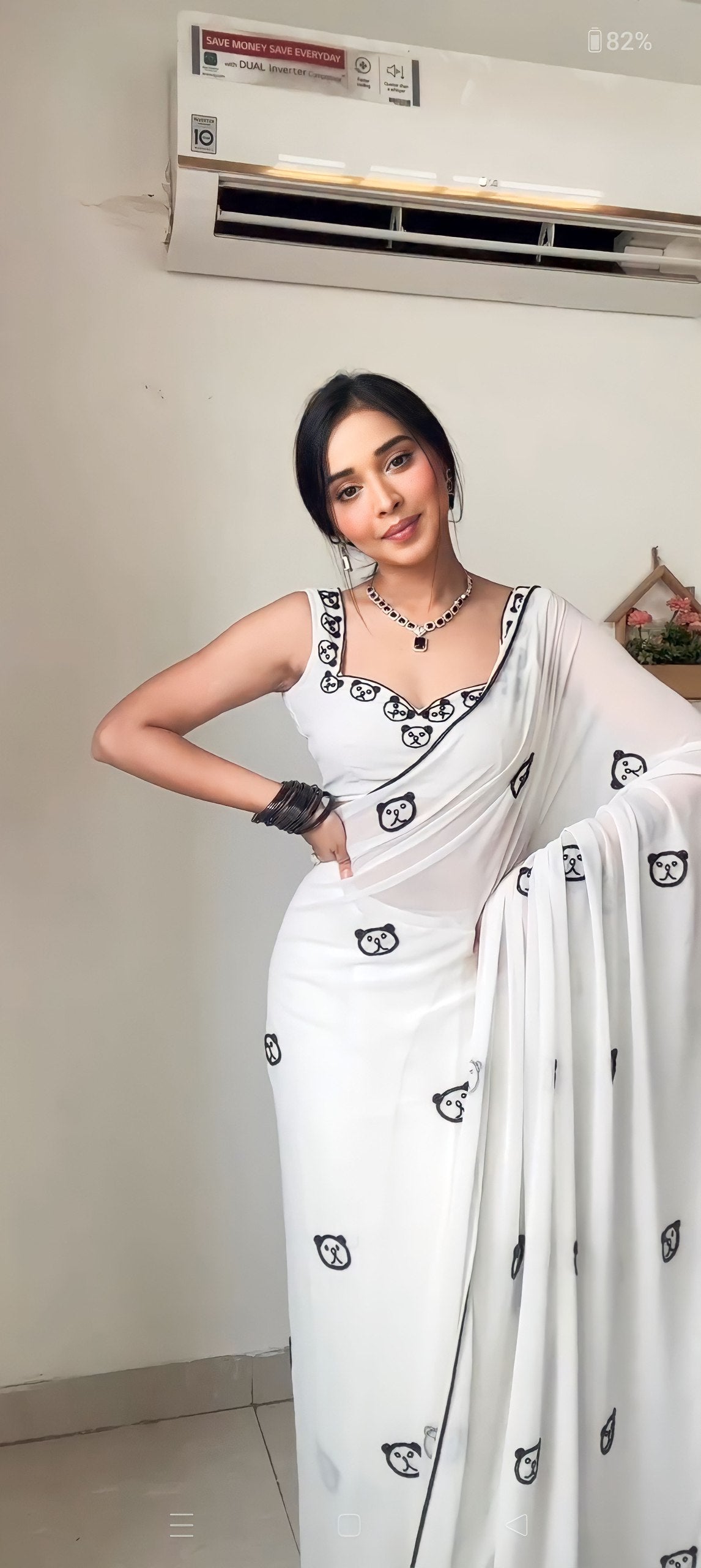 White Ready to Wear Embroidered Georgette Saree with White Unstitched Blouse