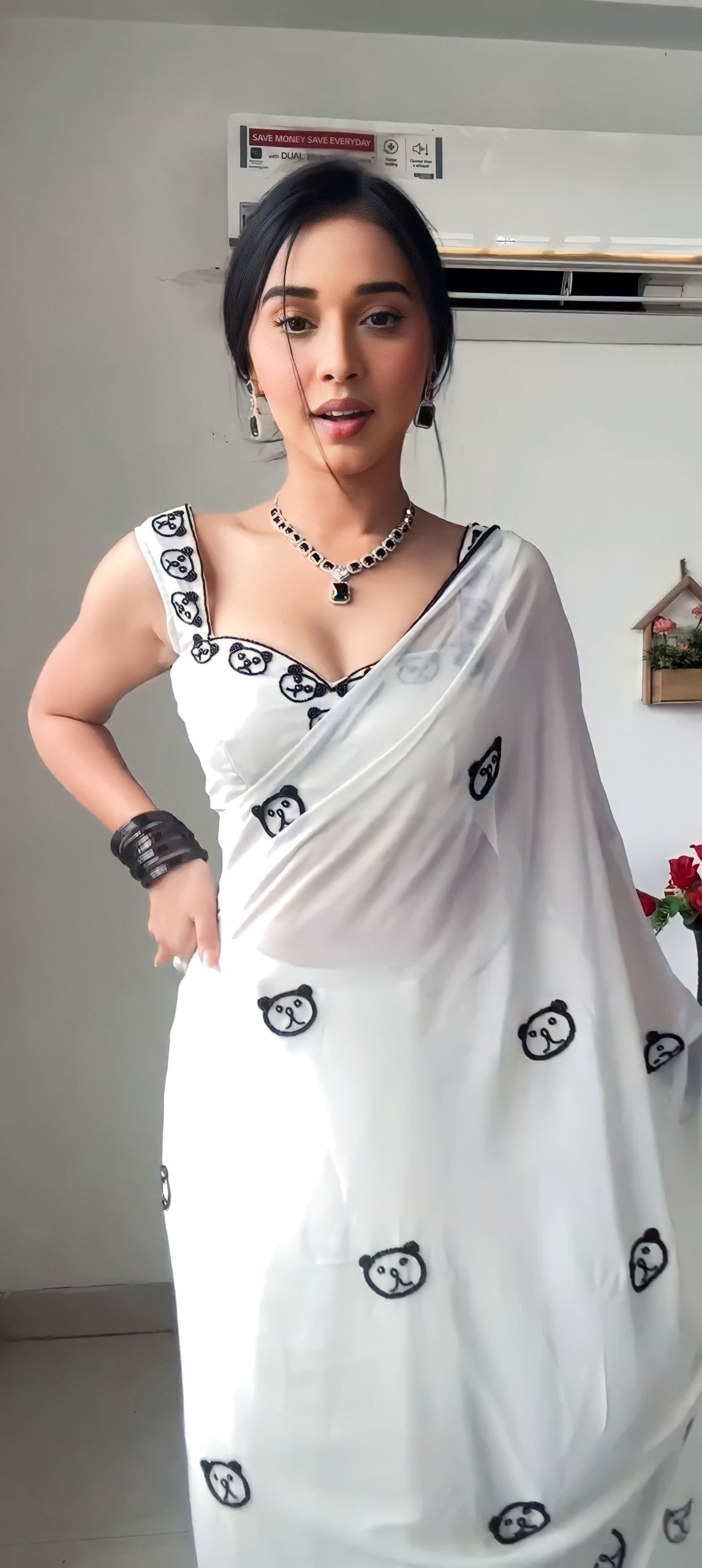 White Ready to Wear Embroidered Georgette Saree with White Unstitched Blouse