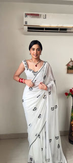 White Ready to Wear Embroidered Georgette Saree with White Unstitched Blouse