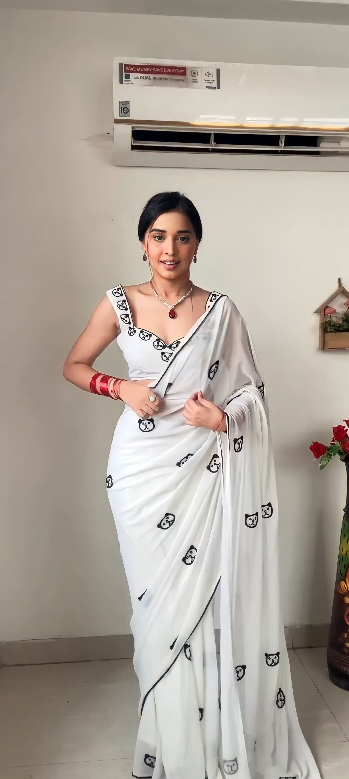 White Ready to Wear Embroidered Georgette Saree with White Unstitched Blouse