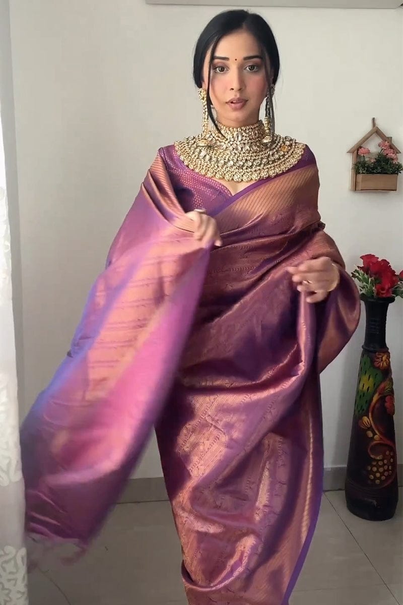 Kanjivaram Silk Purple Ready-to-Wear Saree for Women – Pre-Stitched Traditional Elegance