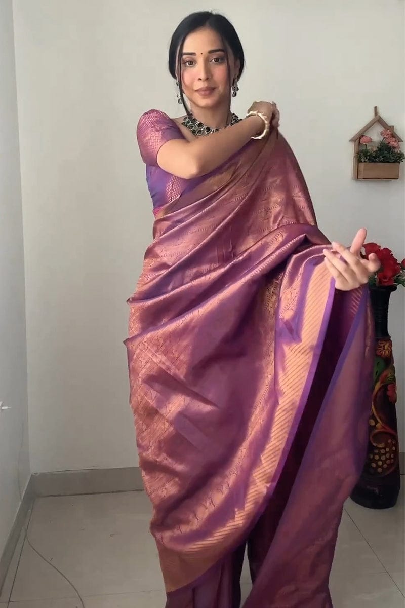 Kanjivaram Silk Purple Ready-to-Wear Saree for Women – Pre-Stitched Traditional Elegance