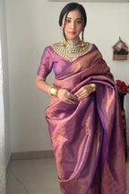 Kanjivaram Silk Purple Ready-to-Wear Saree for Women – Pre-Stitched Traditional Elegance