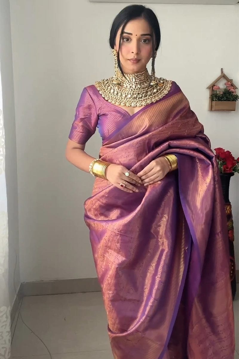 Kanjivaram Silk Purple Ready-to-Wear Saree for Women – Pre-Stitched Traditional Elegance