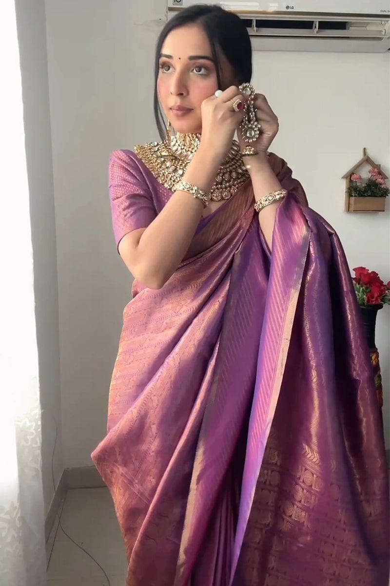 Kanjivaram Silk Purple Ready-to-Wear Saree for Women – Pre-Stitched Traditional Elegance