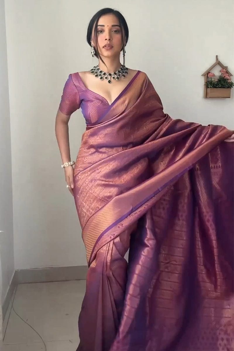 Kanjivaram Silk Purple Ready-to-Wear Saree for Women – Pre-Stitched Traditional Elegance