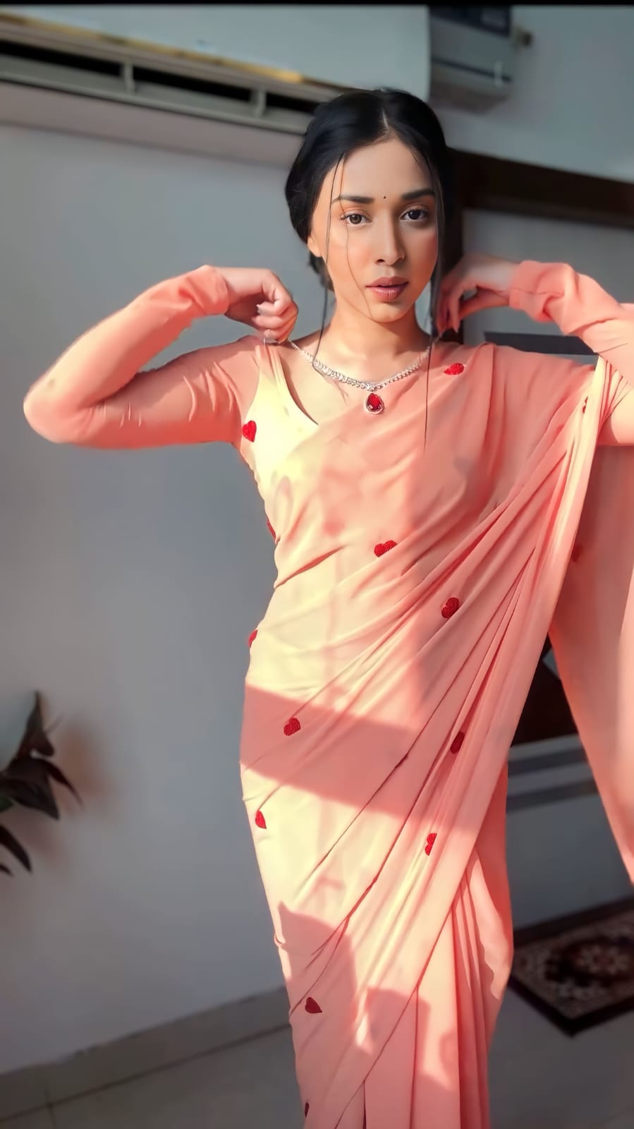 Peach Georgette Ready-to-Wear Saree for Women – Elegant Pre-Stitched Ethnic Wear