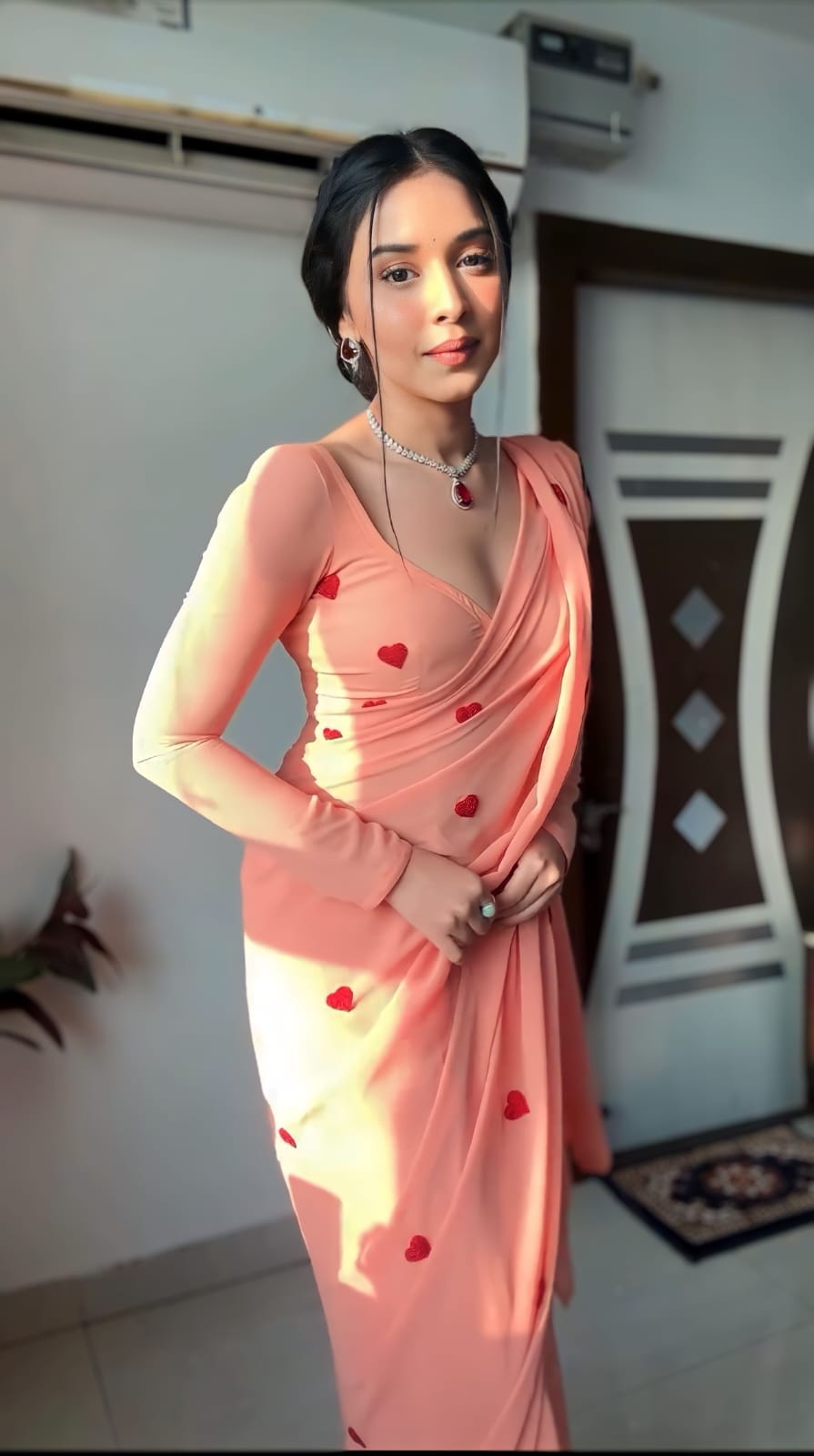 Peach Georgette Ready-to-Wear Saree for Women – Elegant Pre-Stitched Ethnic Wear
